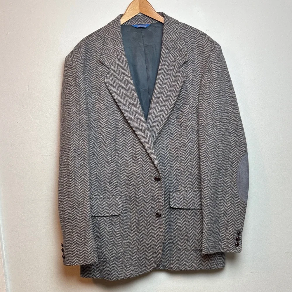 NWT VTG Pendleton Western Men’s Suede Wool Tweed Blazer‎ Gray Herringbone, 46L